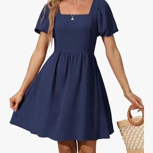 OFEEFAN Women Navy Blue Dress Puff Sleeve Square Neck